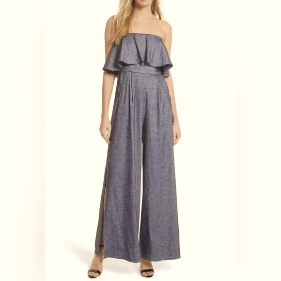 MILLY Black Denim Chambray Ruffle Popover Strapless Open Leg Pant Jumpsuit 6 - Picture 1 of 13